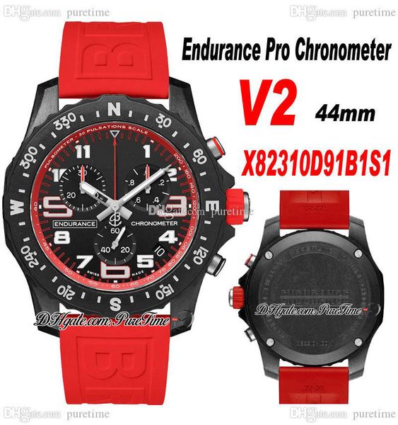 2022 V2 Endurance Pro 44mm Miyota Quartz Cronógrafo Mens relógio x82310d91b1s1 aço em pvd All Dial preto Dial Red Strap StopWatch Super Edição PureTime G03C3