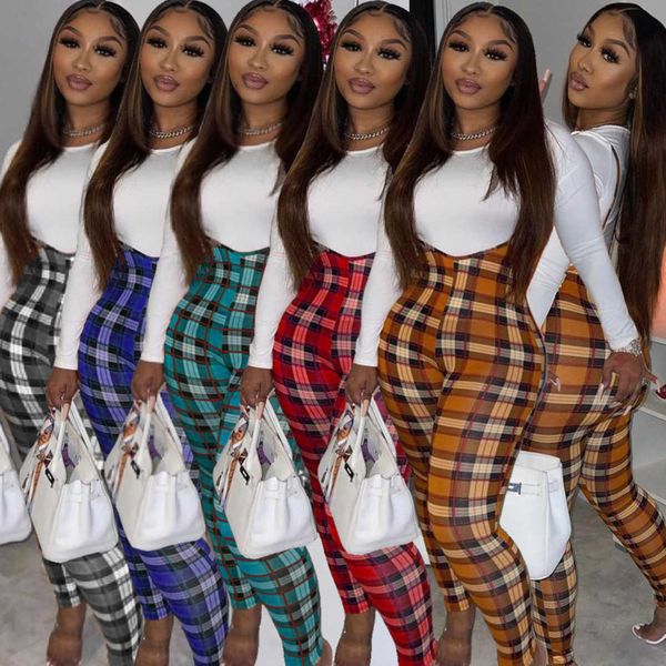 2022 Designer Frauen Trainingsanzüge Zwei Stücke Hosen Set Schlank Sexy Weißes T-shirt Plaid Hosenträger Leggings Outfits Sportwear