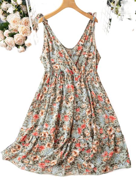 

plus allover floral print knot shoulder ruffle hem dress i31o#, Black