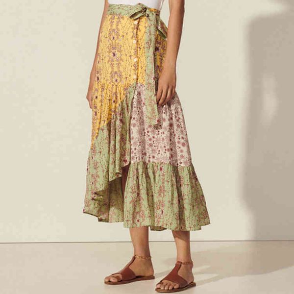 

skirts fadan s family spring and summer national style lace up splicing broken flower lotus leaf skirt, Black