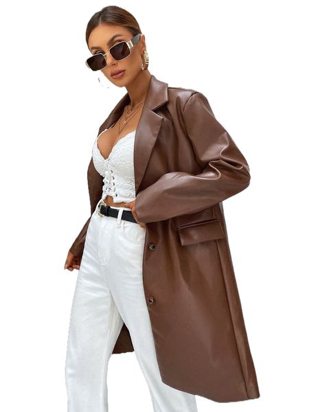 

flap detail lapel neck pu coat l0ah#, Black