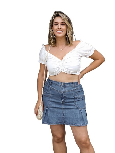 

plus plicated detail denim skirt f24u#, Black