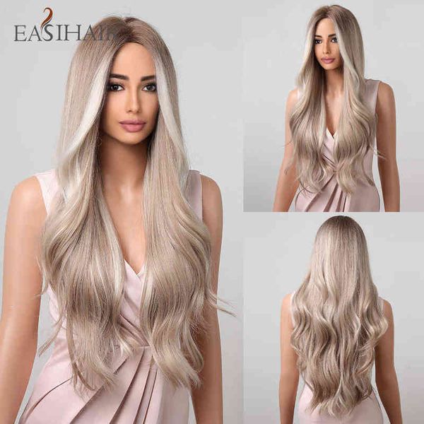 

easihair long wavy platinum synthetic wigs with white highlight middle part natural for women cosplay heat resistant 220525, Black