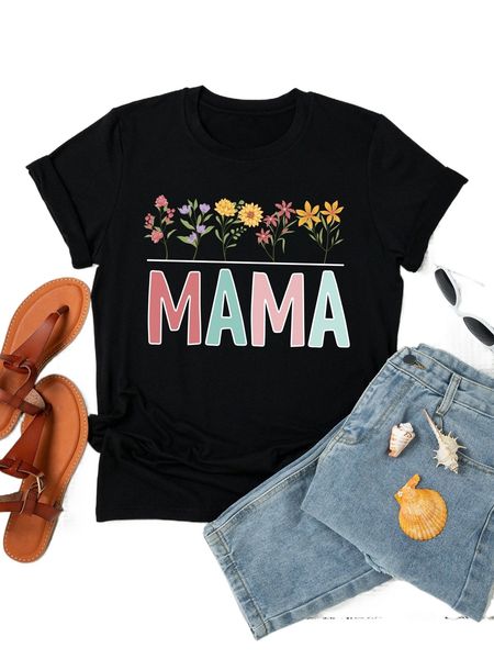 

plus letter & floral print tee d4kk#, Black