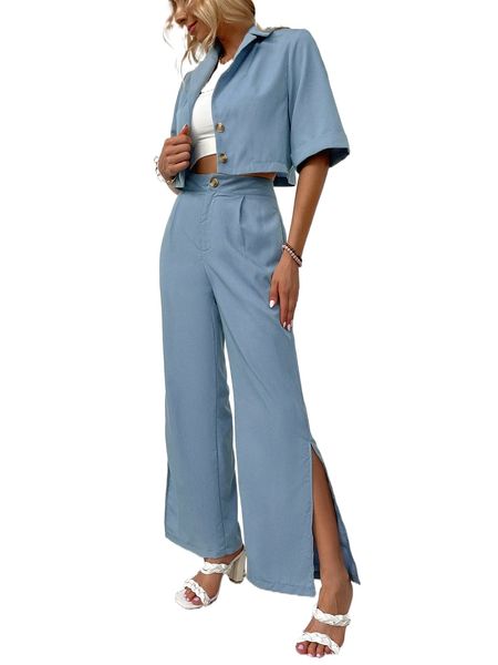 

roll cuff blouse & plicated detail split hem wide leg pants u5xa#, White