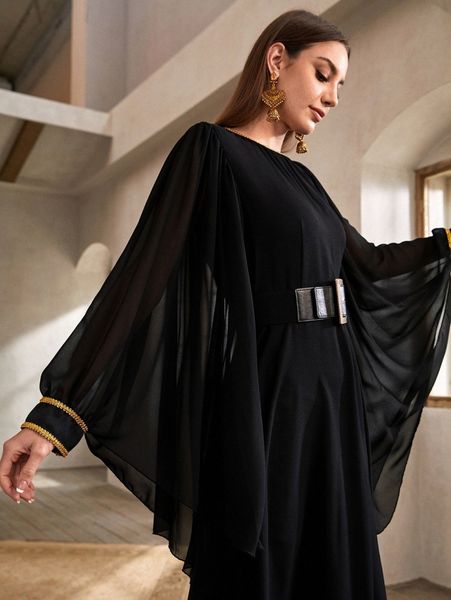 

batwing sleeve belted dress f7pi#, Black;gray