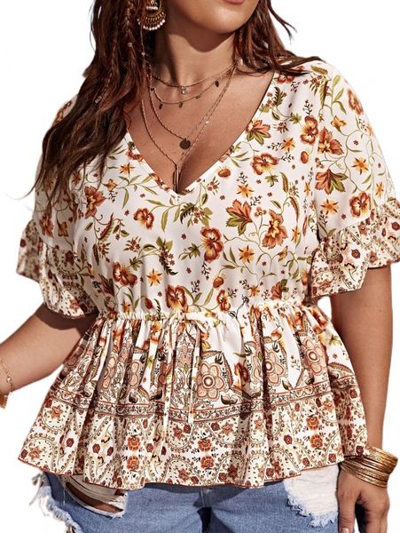 

plus floral print ruffle trim peplum blouse h88d#, Black