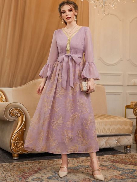 

leaf embroidery tassel detail flounce sleeve belted mesh dress k3ap#, Black;gray