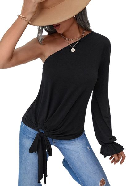 

one shoulder knot hem tee a9ho#, White