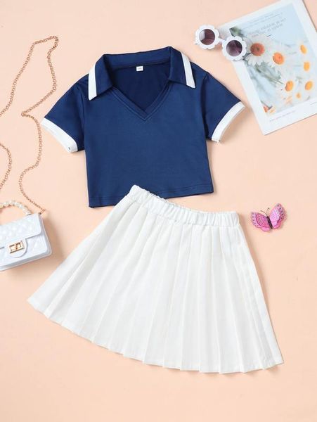

girls v neck tee and pleated skirt she, White