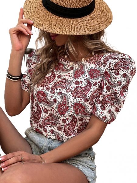 

floral & paisley print puff sleeve blouse y2ph#, White