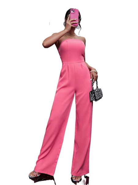 

solid backless slant pockets tube jumpsuit e4jg#, Black;white
