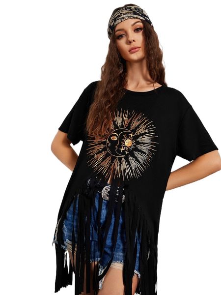

abstract sun & moon print fringe hem tee e2g5#, White