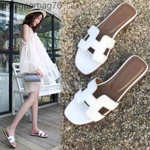 

designer slippers hermee shoes wear women's summer fashion 2023 flat bottomed travel holiday beach shoes seaside one line genuine leath, Black
