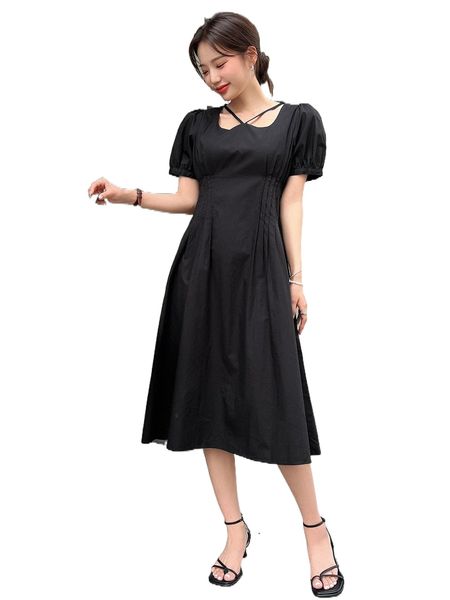 

dazy tie back puff sleeve fold pleated a-line dress d3r6#, Black;gray