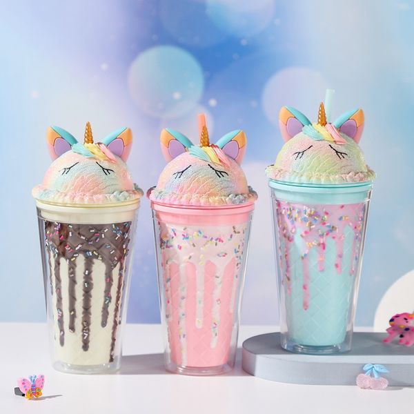 Samanlı içecek fincanları ile sevimli tek boynuzlu at su bardağı yaratıcı dondurma su fincanı taşınabilir popsicle fincan masaüstü model kız doğum günü hediyesi