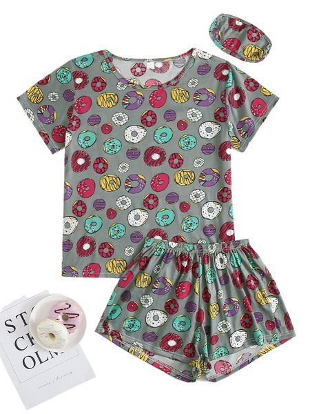 

allover donuts print eye cover pajama set 96d5#, Black;red