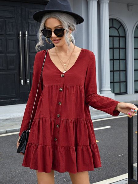 

single breasted ruffle hem smock dress 78lg#, Black;gray