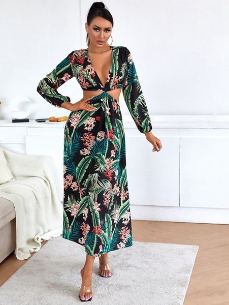 

sxy tropical print plunging neck cut out waist dress p4vf#, Black;gray