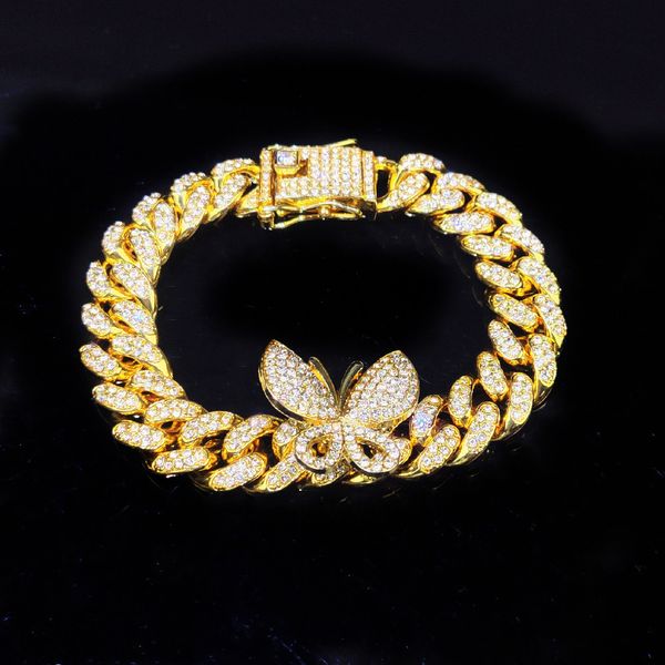 

12mm hip hop necklace cuban chain full diamond belt rotatable three-dimensional butterfly necklace beads, Silver