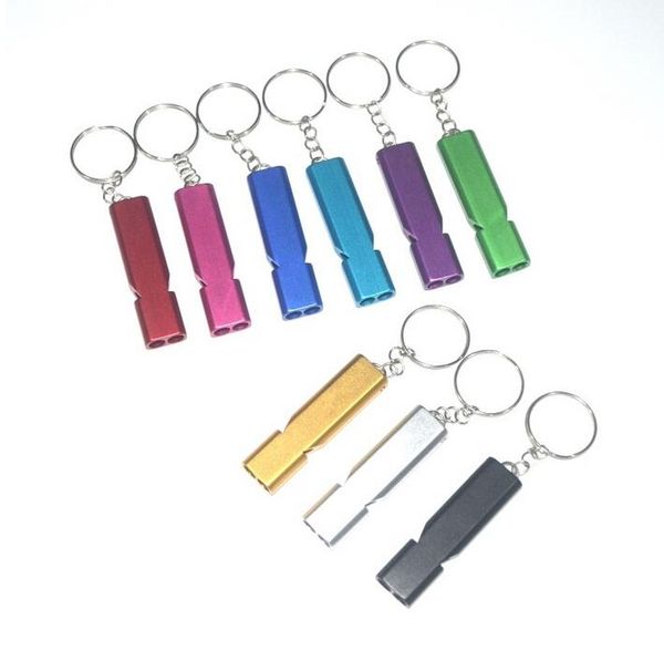 

dual-tube survival whistle keychains portable aluminum safety whistles for outdoor hiking camping survival emergency keyring rfjj, Silver
