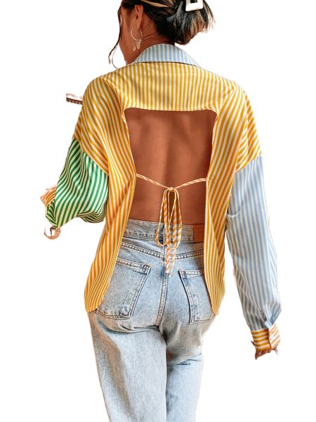 

striped colorblock backless knot drop shoulder shirt j4nw#, White