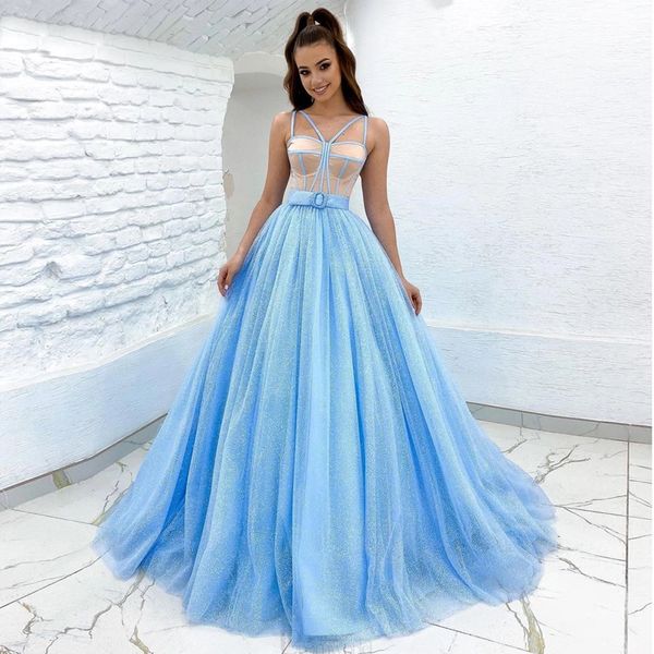Buz mavisi spagetti kayış balo elbiseler parıltı bir çizgi karnlı karnlı parti elbisesi kemer pliye tül etek dişileri özel gün elbise 2022