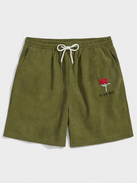 

romwe guys letter floral embroidery corduroy drawstring shorts g8ll#, White;black