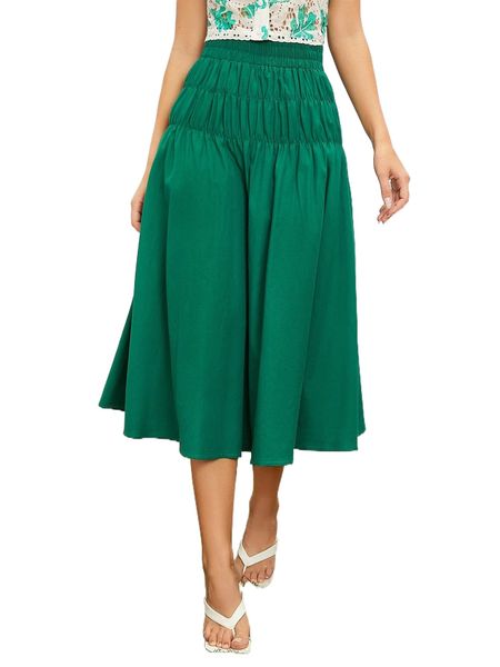 

shirred waist solid skirt 97yo#, Black