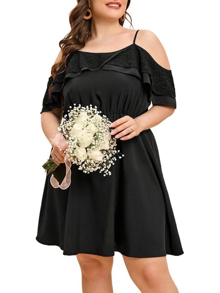 

plus contrast guipure lace cold shoulder dress z9q9#, Black