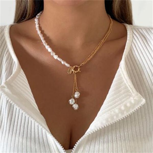 

ingemark kpop baroque irregular pearl pendant necklace for women wedding punk chest tassel chain ot buckle choker party jewelry gc1182, Silver