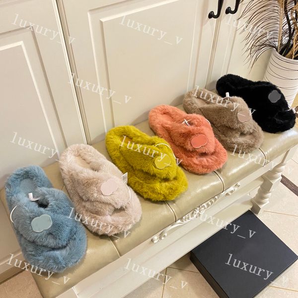 

designer slippers women wool slides ladies ins winter fur fluffy furry letters sandals warm comfortable fuzzy girl flip flop slipper with bo, Black