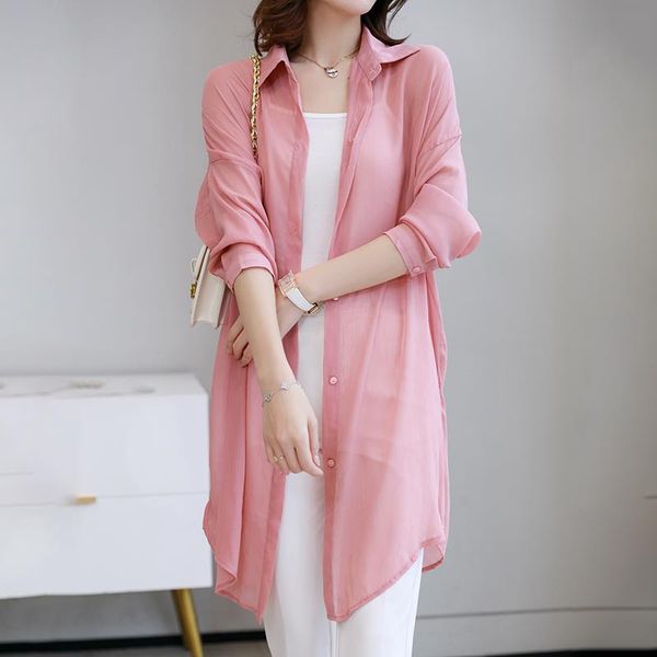

women's summer long shirts turn down collar loose chiffon shirt casual see through blouse button up mesh top, White