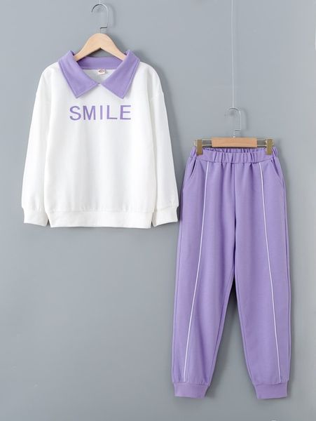 

girls letter graphic contrast collar sweatshirt & sweatpants she, White