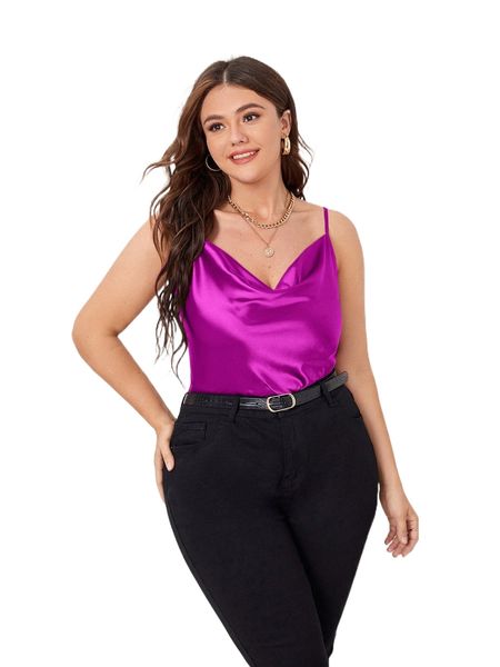 

plus draped neck satin cami q9mg#, Black