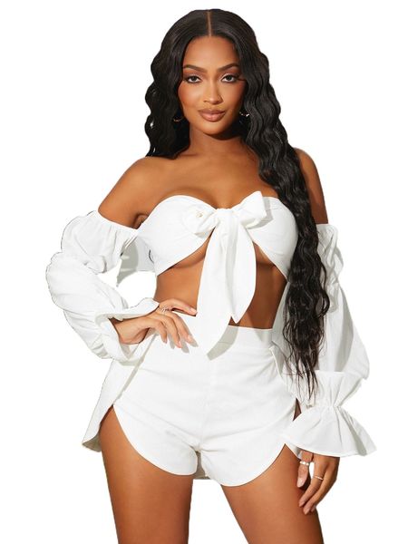 

sxy off shoulder knot front flounce sleeve crop & split hem shorts 68ks#, White