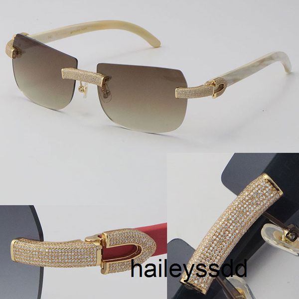 

2022 new model micro-paved diamond sunglasses original black buffalo horn rimless genuine natural sun glasses 18k gold c decoration male hnc, White;black