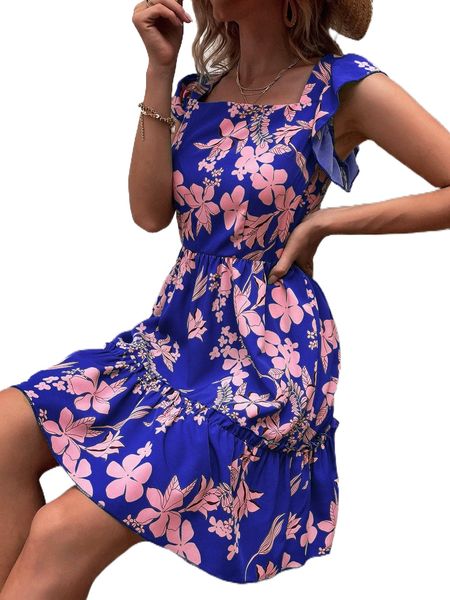 

floral print ruffle hem dress u7c0#, Black;gray