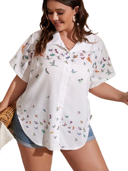 

plus butterfly print button front shirt d804#, Black