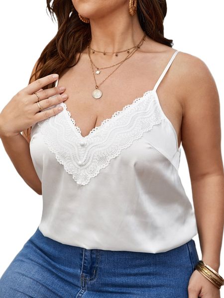 

plus contrast lace satin cami d8ft#, Black