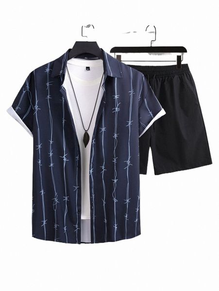 

men random graphic print shirt & drawstring waist shorts 26fq#, Gray