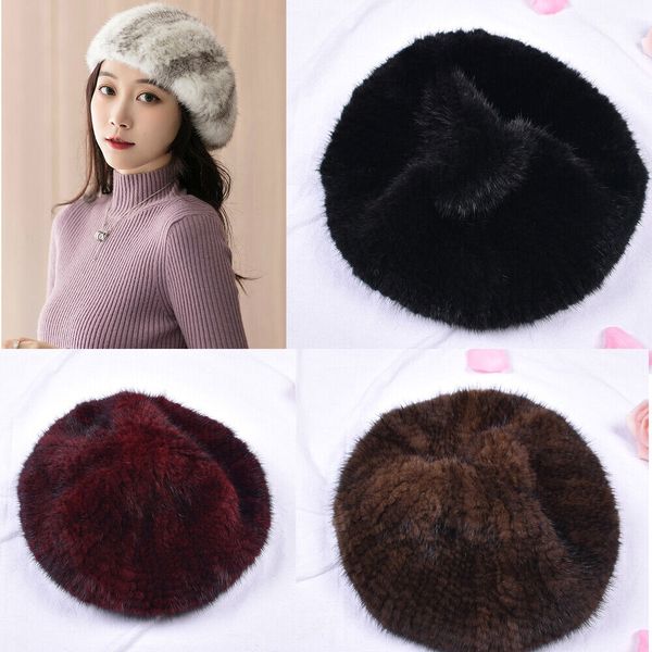 

women's real mink fur hat winter warm octagonal hat berets elasticity outdoor, Blue;gray