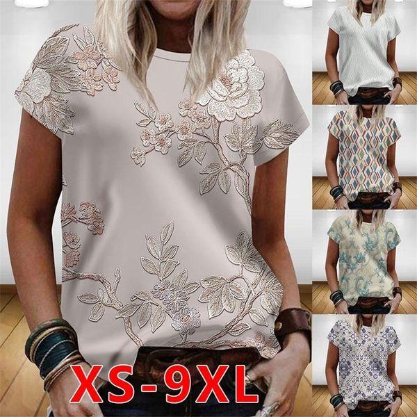 

women summer loose casual floral printed plus size fashion women's 0-neck shirts 220511, White