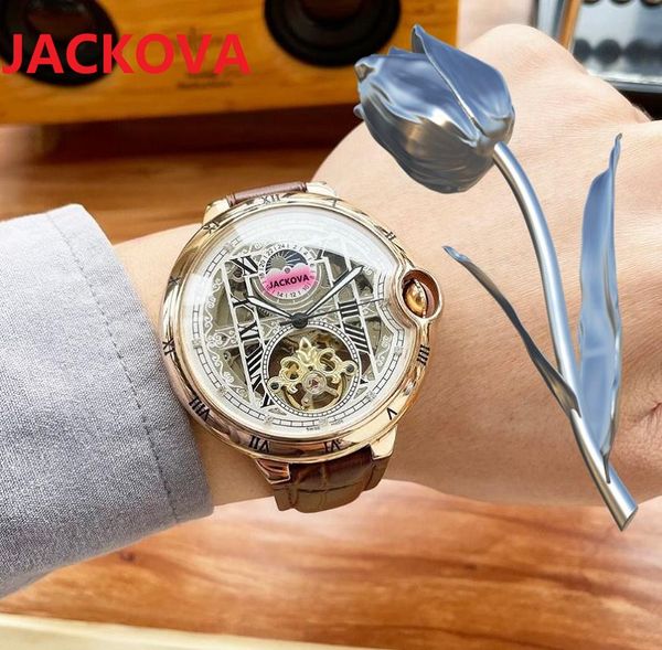 orologi meccanici automatici da uomo 46mm Tourbillon President svizzera nero marrone vera pelle scheletro cavo giorno data svizzera orologio da polso