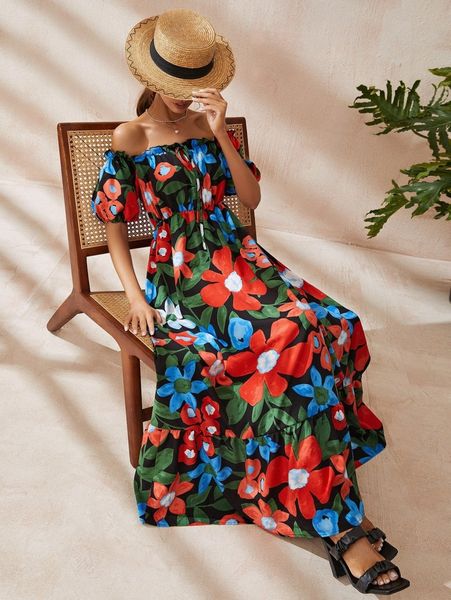 

floral print off shoulder frill trim ruffle hem dress f6cj#, Black;gray