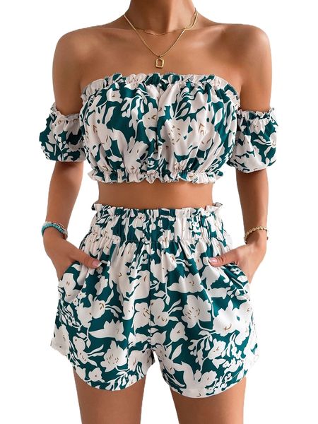 

floral print off shoulder crop & paperbag waist shorts d4da#, White