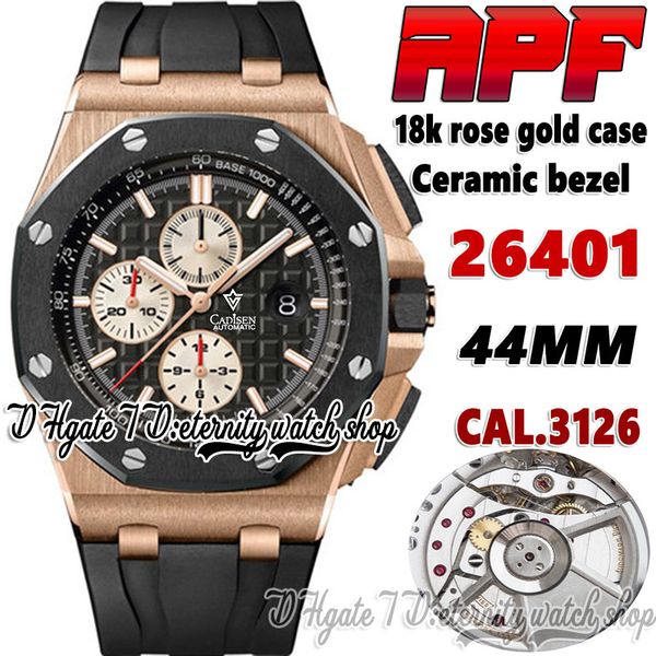 

apff 26401j cal.3126 arf3126 chronograph automatic mens watch rose gold case ceramic bezel black texture dial rubber strap super version ete, Slivery;brown