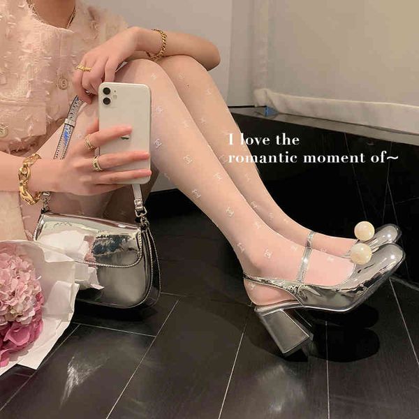 

sandals ins style ~ french silver mary jane shoes women's summer high-heeled pearl baotou sandals 5jbp, Black