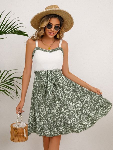 

colorblock & ditsy floral ruffle hem cami dress 90qy#, Black;gray