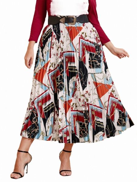 

plus chain print belted skirt 26au#, Black